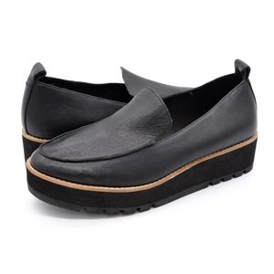 Eileen Fisher Ells Womens 8.5 Platform Loafer Black Leather Moc Toe Slip On Shoe